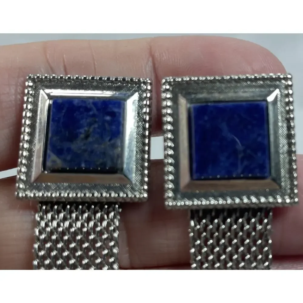 Vintage BLUE SODALITE Silver Wrap-Around Square Cufflinks, With Bonus Tie Bar!